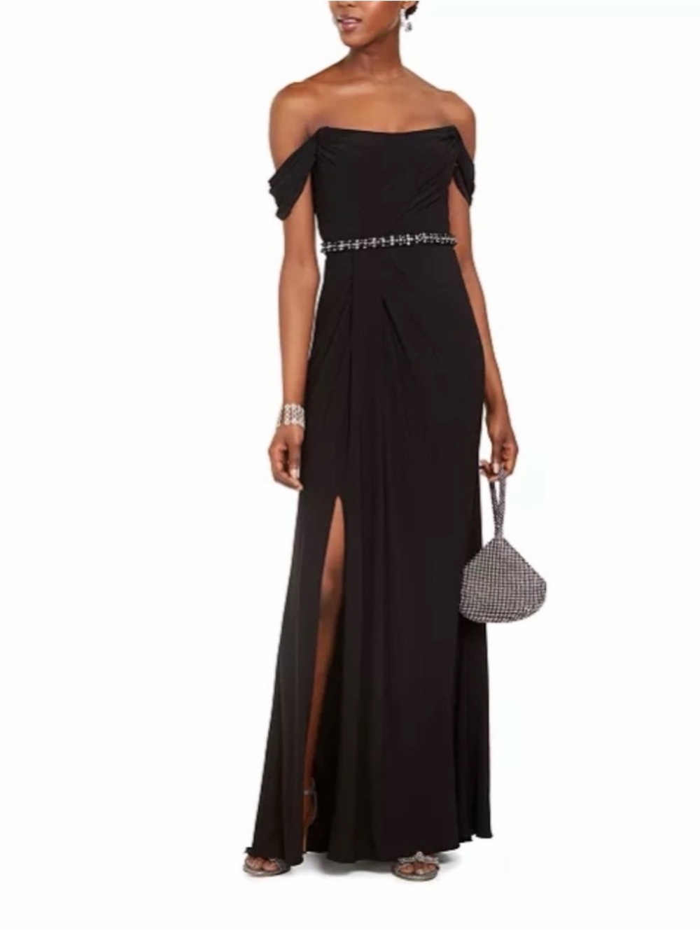 Adrianna Papell Black Off-the-Shoulder Evening Gown with Beaded Waist